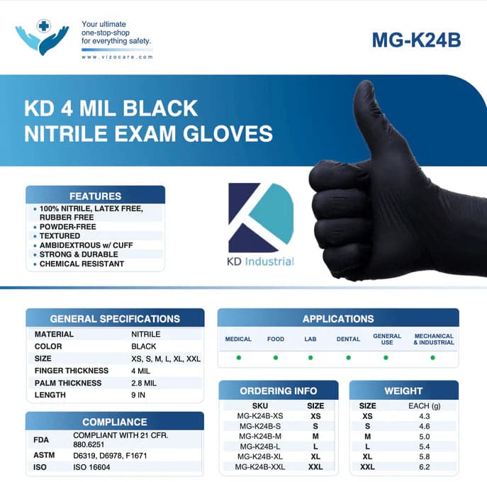 KD 4 MIL BLACK NITRILE EXAM GLOVES, CASE OF 1000 PCS. (MG-K24B) CKDNBK4