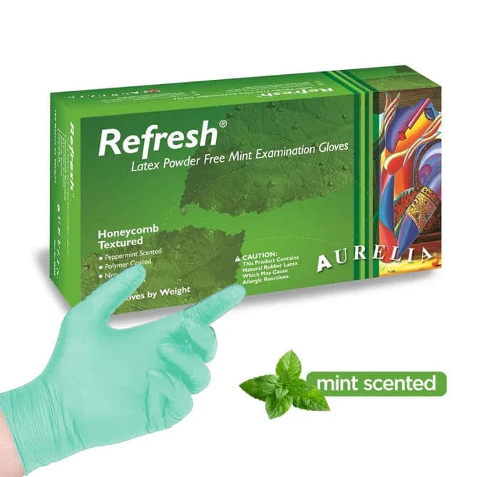 Aurelia Refresh Honeycomb Textured Peppermint Powder Free Latex Examination Gloves 5 mil C99229